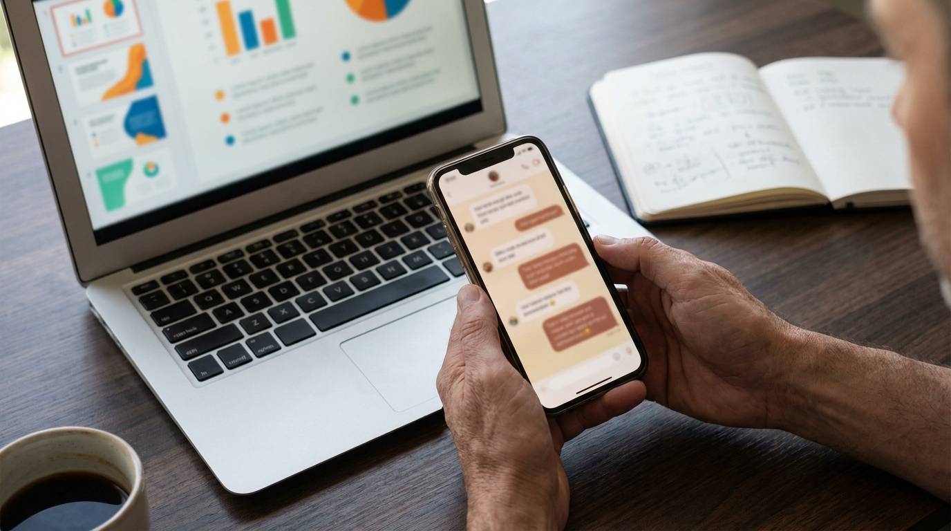créer une présentation avec Claude : smartphone et ordinateur portable affichant une conversation et un diaporama coloré
